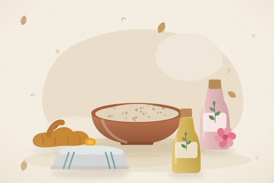 Illustrated still life with turmeric root, rose water, a folded cloth.