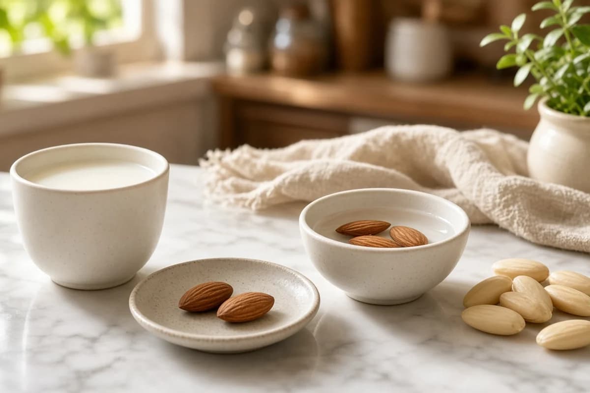 A mug of white almond milk beside a bowl of soaking almonds, two almonds and peeled almonds.