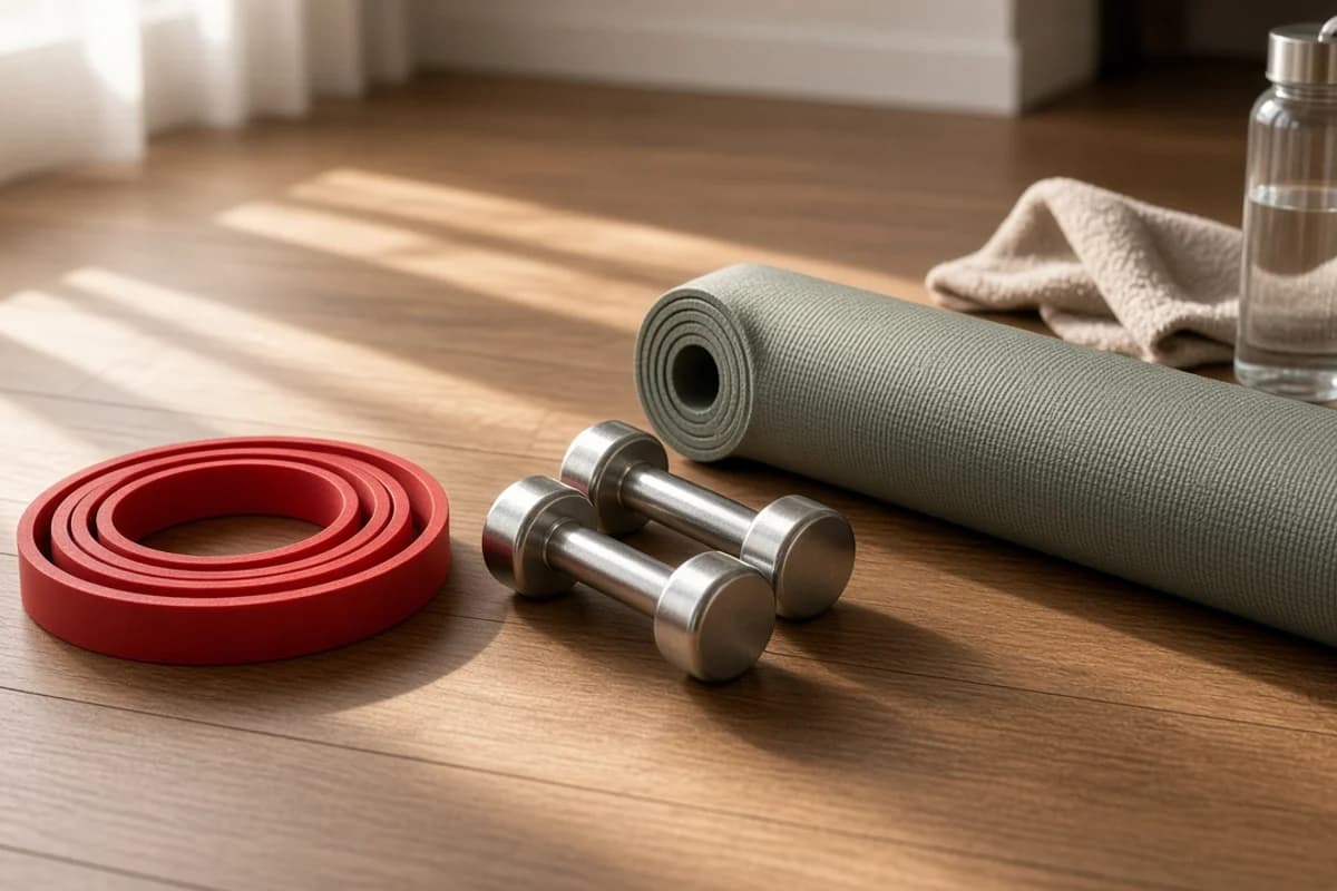 A red resistance band loop, two small steel dumbbells and a rolled yoga mat on a sunlit wooden floor with a bottle and towel.