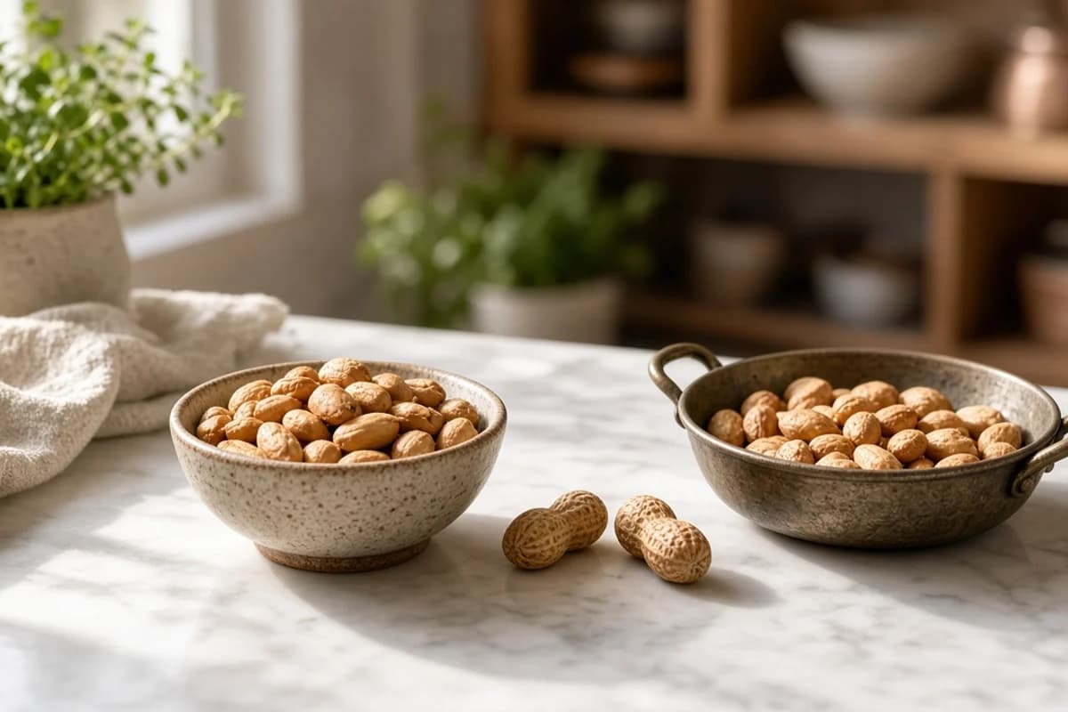 Two bowls of roasted peanuts with two peanuts in their shells between them.