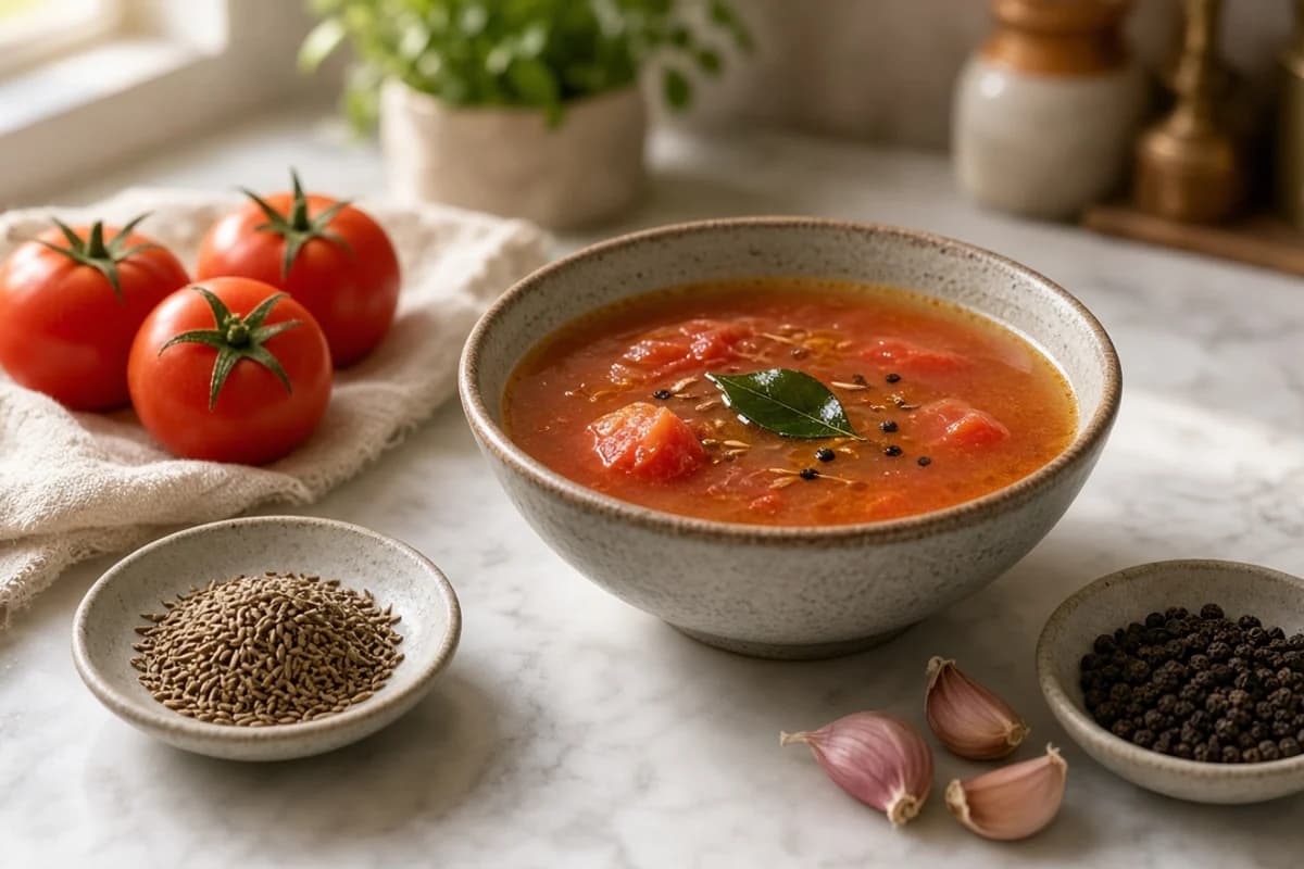 A bowl of red tomato rasam with a curry leaf, beside tomatoes, cumin, peppercorns and garlic.