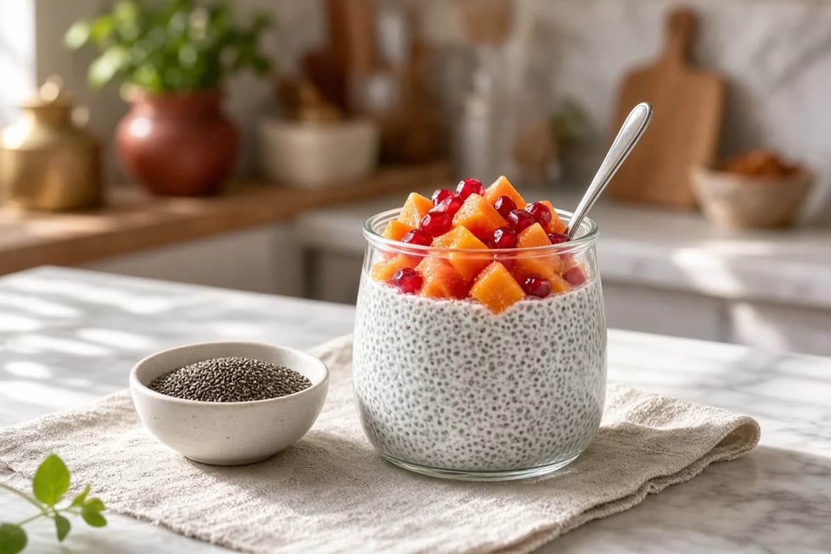 A glass jar of white chia pudding topped with diced papaya and pomegranate seeds, with a bowl of chia.