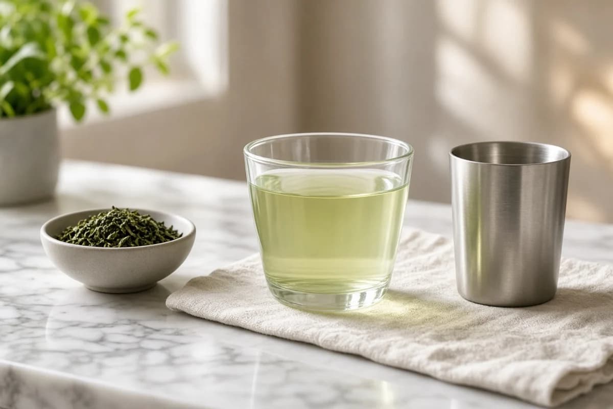 A glass of cool green tea beside a bowl of dry tea leaves and a steel tumbler on marble.