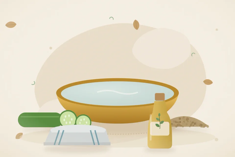 Illustrated still life with cucumber, coriander seeds.