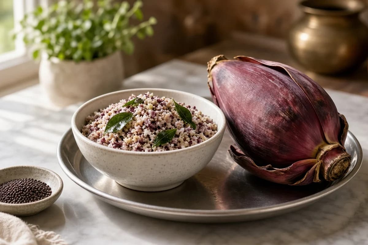 A bowl of banana-flower poriyal with coconut and curry leaves beside a whole purple banana flower on a steel tray.