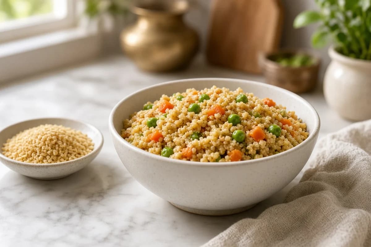 A bowl of cooked dalia with peas and carrot, beside a saucer of raw broken wheat.