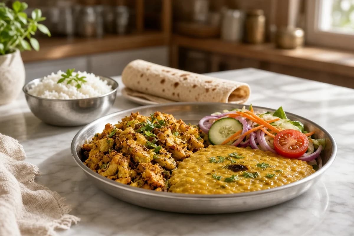 A steel thali with sabzi, dal and salad in front and a roti and rice behind, laid out in order.
