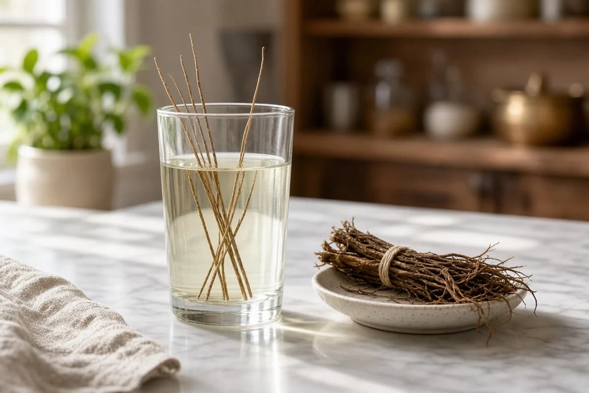 A glass of water with thin dried roots standing in it, beside a tied bundle of roots on a plate.