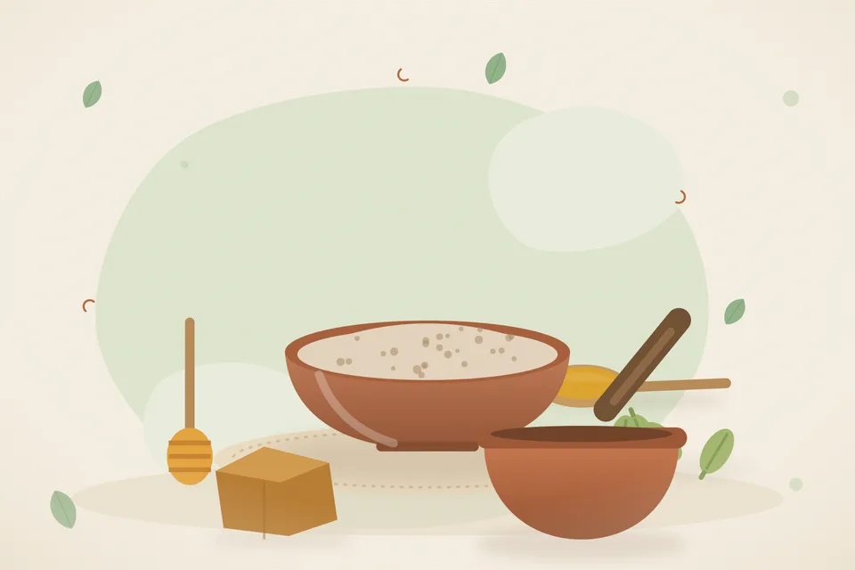 Illustrated still life with honey, cardamom, jaggery.