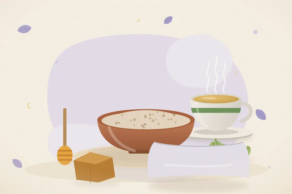 Illustrated still life with honey, cardamom, jaggery.