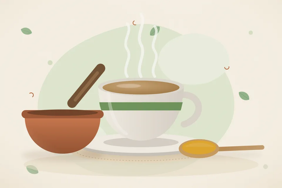 Illustrated Ayurvedic kitchen still life with a bowl, glass and traditional utensils.