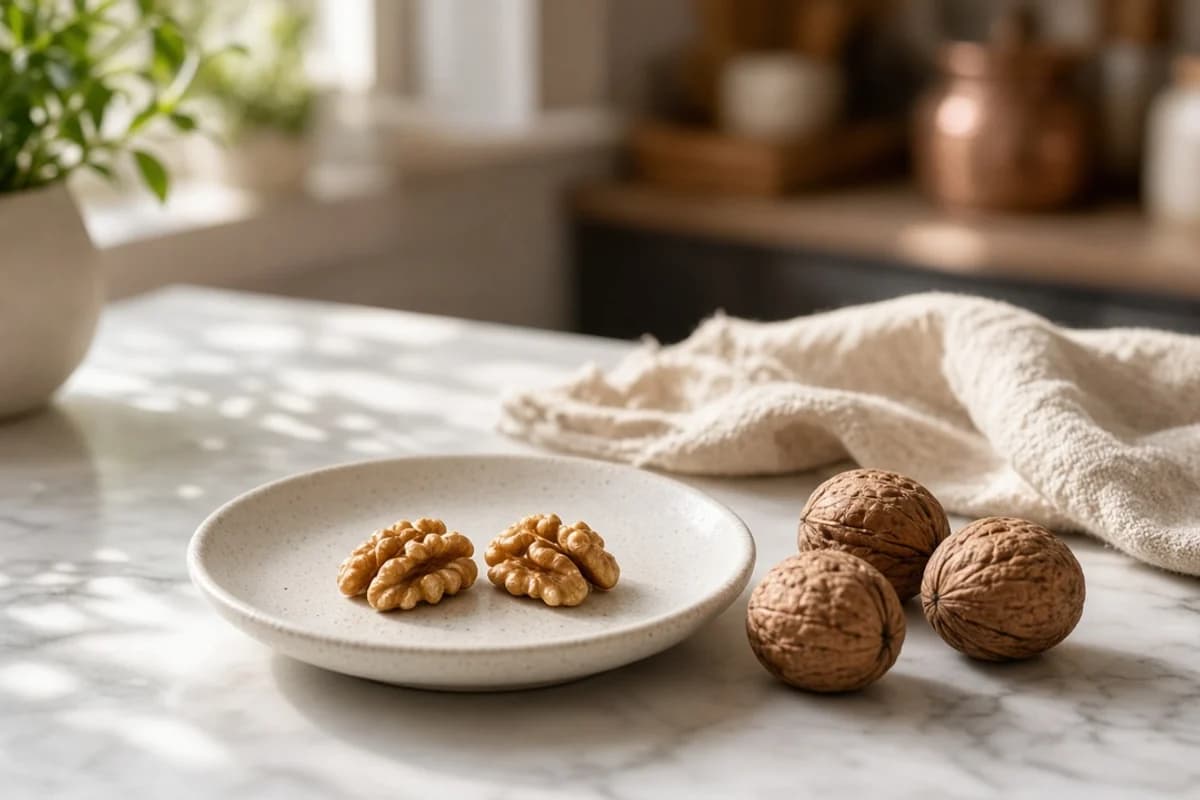 Two shelled walnut halves on a small plate beside three whole walnuts.