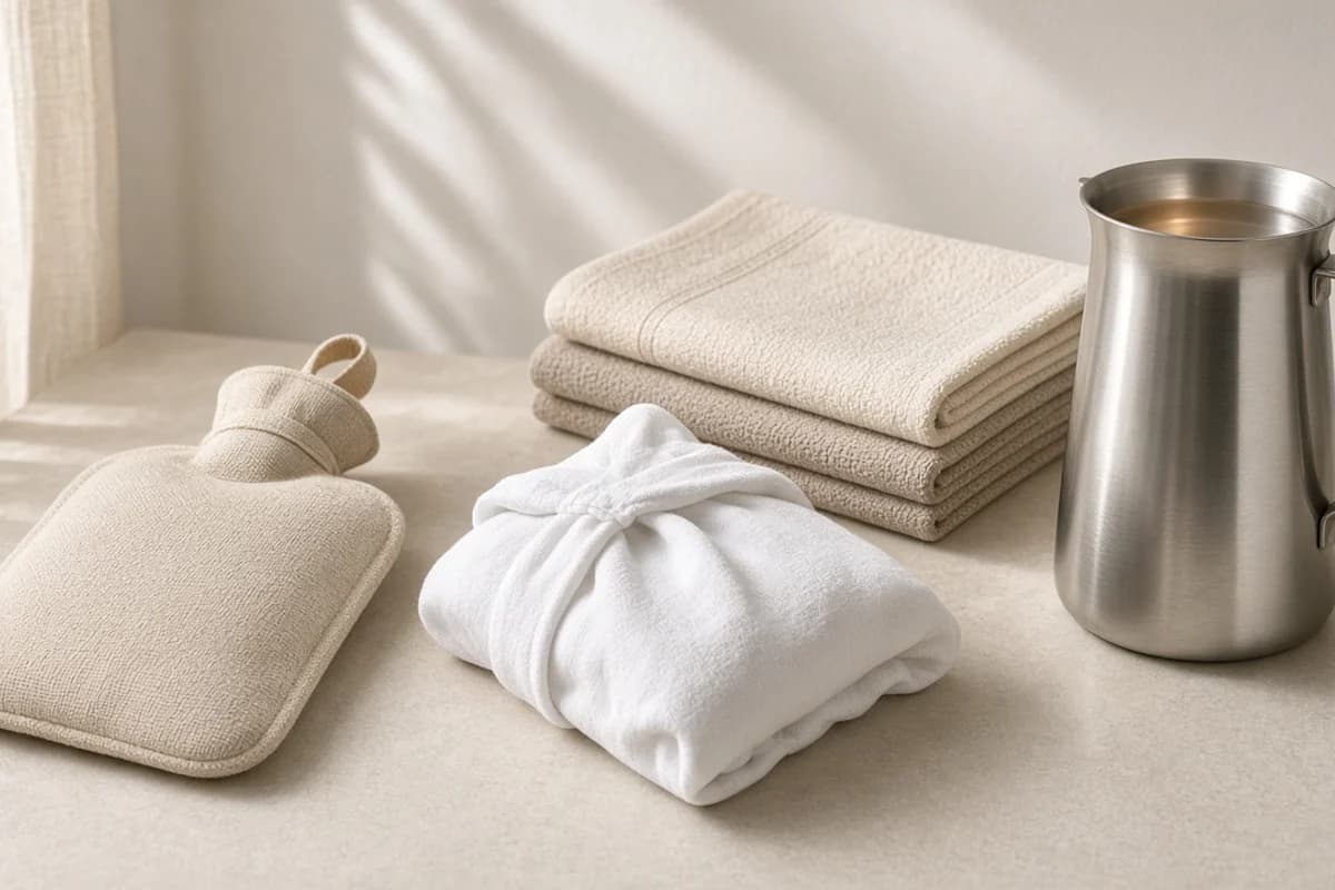 A hot water bag in a quilted cover beside a folded cool cloth, a stack of towels and a steel jug of water.