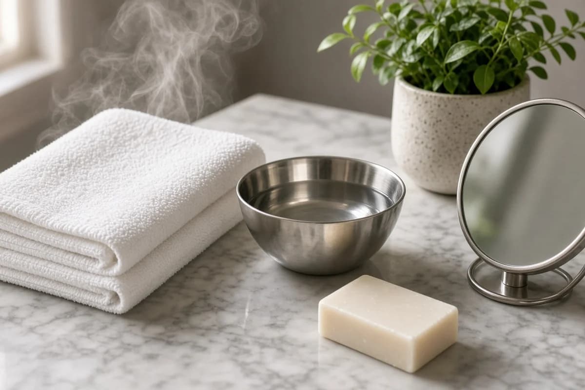 A folded white towel with rising steam beside a steel bowl of water, a bar of soap and a small mirror.