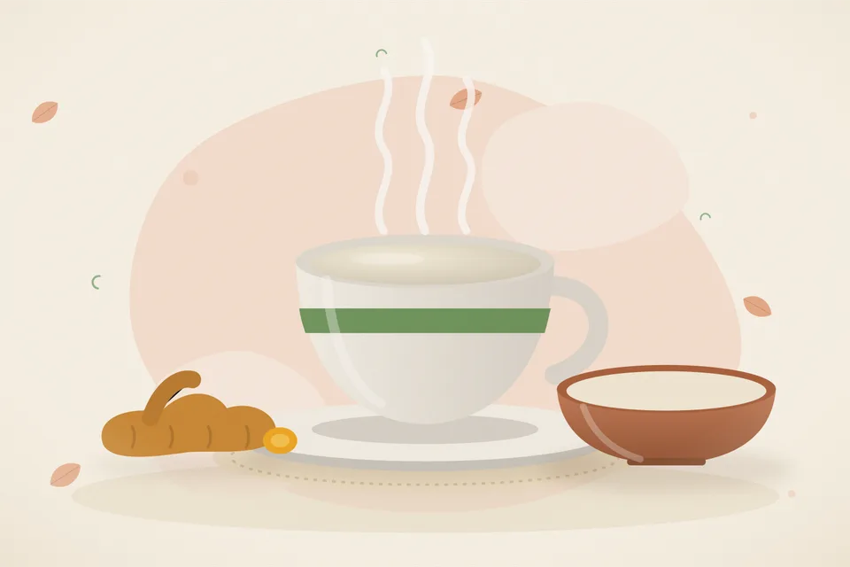 A brass cup of milk, a pinch of turmeric and a small spoon on a wooden board