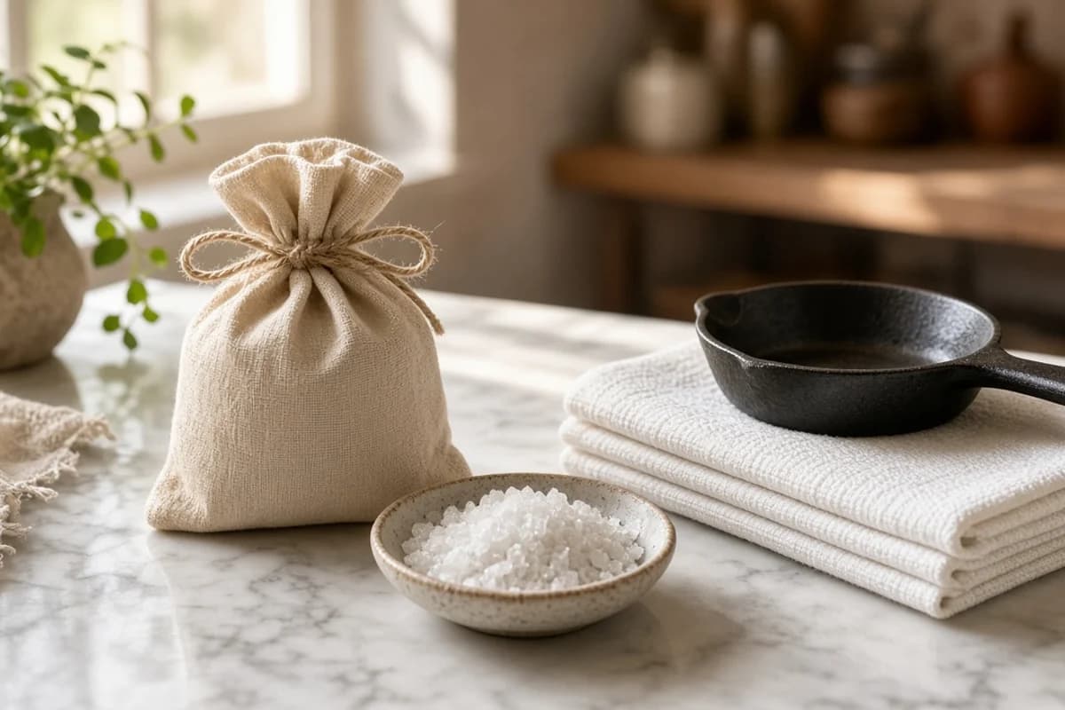 A burlap sack and a bowl of coarse salt, a small black pan, folded towels and a bottle on marble.