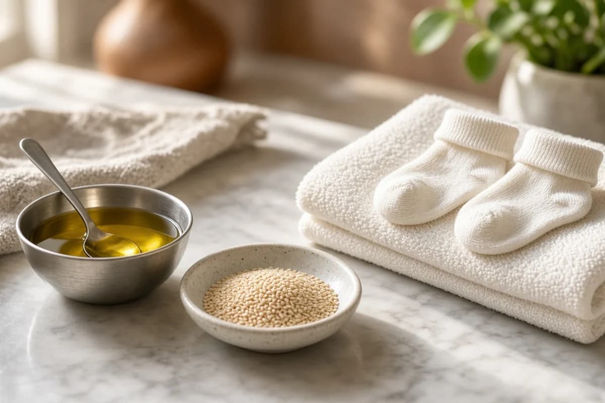 A steel bowl of oil with a spoon, a dish of sesame seeds, a folded towel and tiny socks.