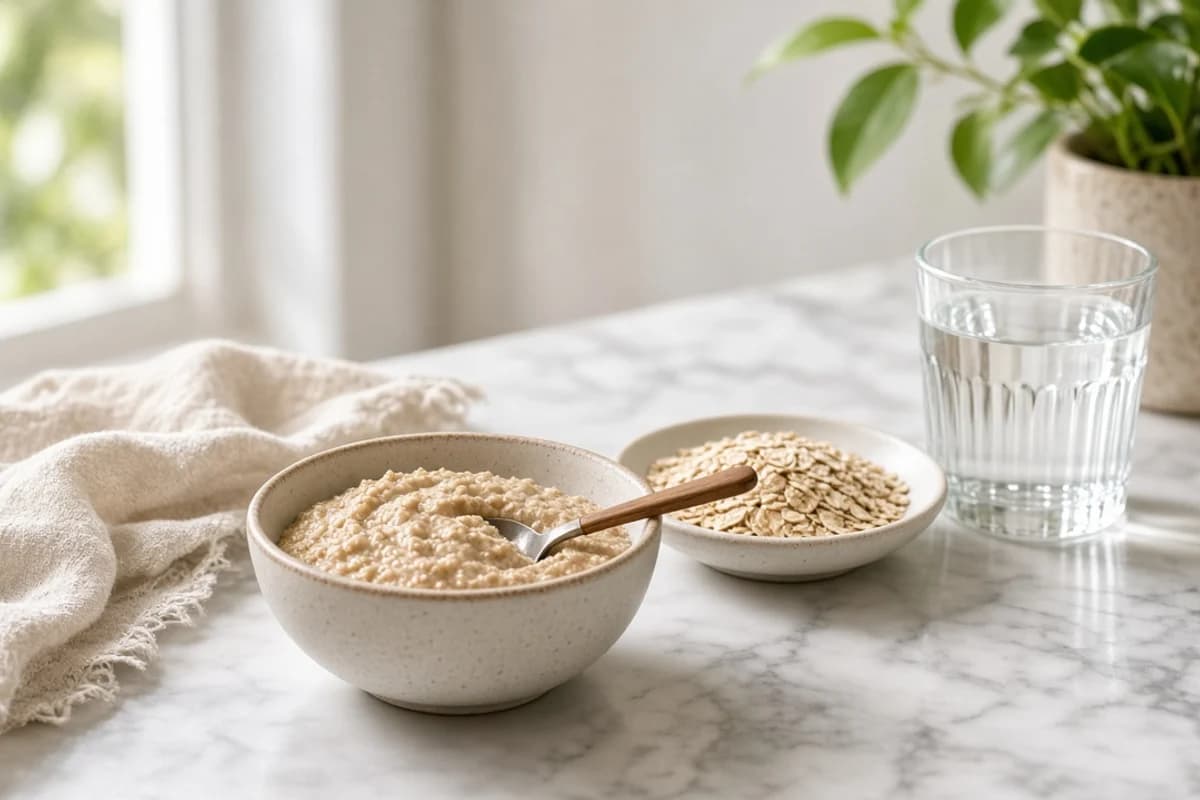A bowl of oat porridge with a spoon, beside dry oats and a glass of water.