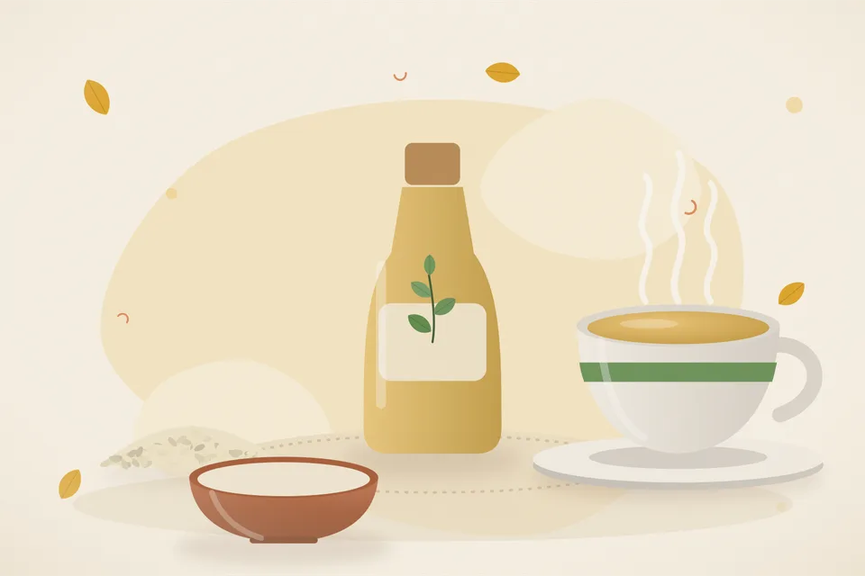 A small steel bowl of warm sesame oil and a folded cotton towel on a wooden stool, bathroom still life.