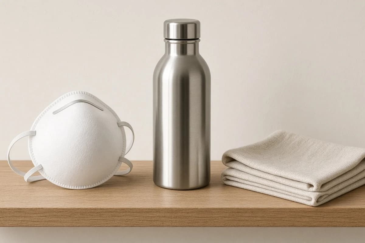 A white dome-shaped respirator mask with a nose clip and ear loops, a steel water bottle and a folded cream cloth on a wooden shelf.