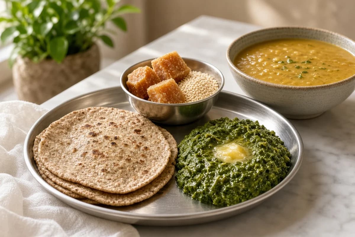 A steel plate with whole-grain rotis, green saag with a dollop of ghee, jaggery and sesame, and a bowl of dal.