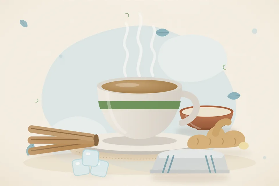 Illustrated still life with mulethi root, fresh ginger, ice.