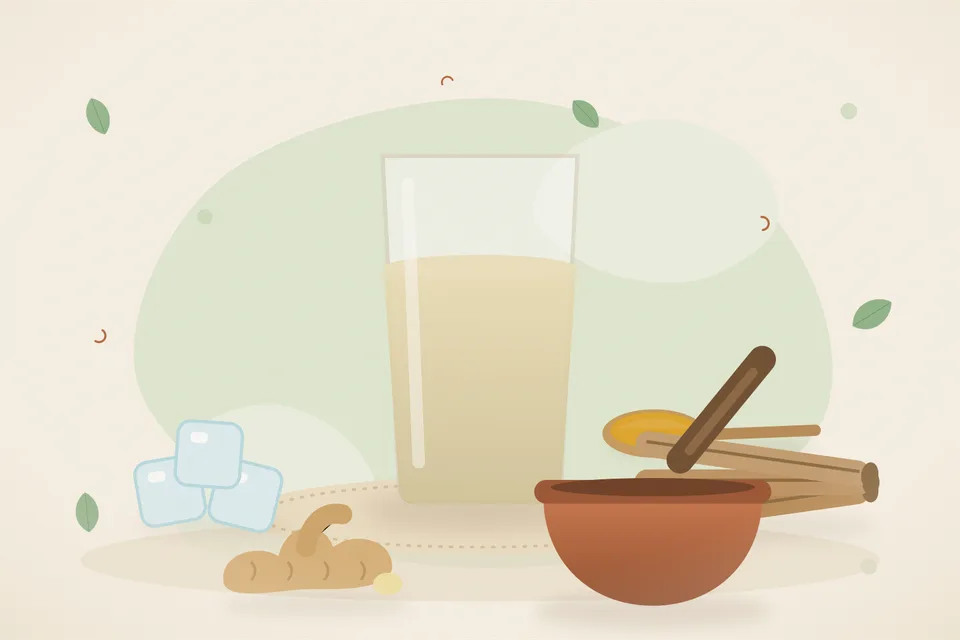 Illustrated still life with ice, mulethi root, fresh ginger.