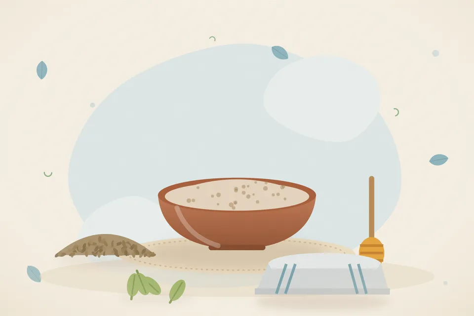 Illustrated still life with ajwain seeds, honey, cardamom.