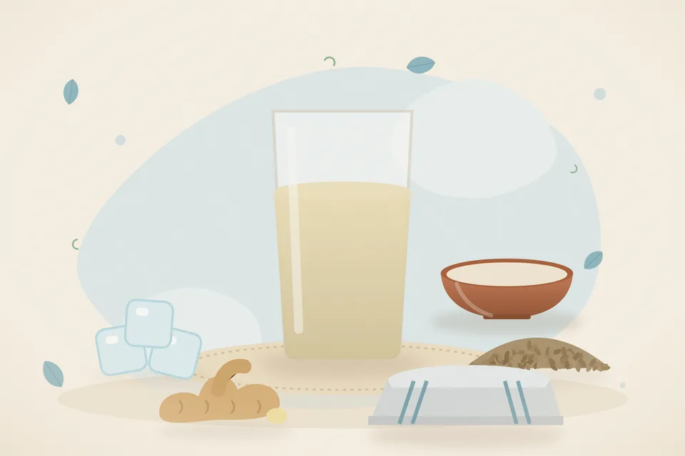 Illustrated still life with ice, ajwain seeds, fresh ginger.