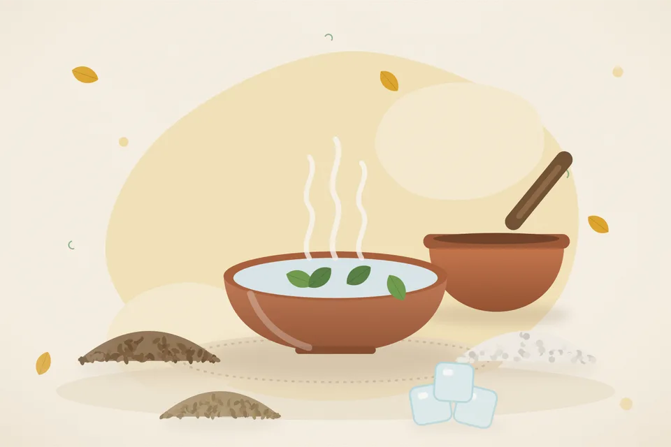 Illustrated still life with cumin seeds, rock salt, ajwain seeds, ice.
