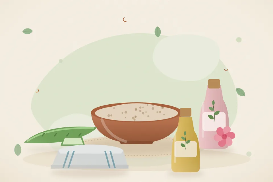 Illustrated still life with aloe vera, rose water, a folded cloth.