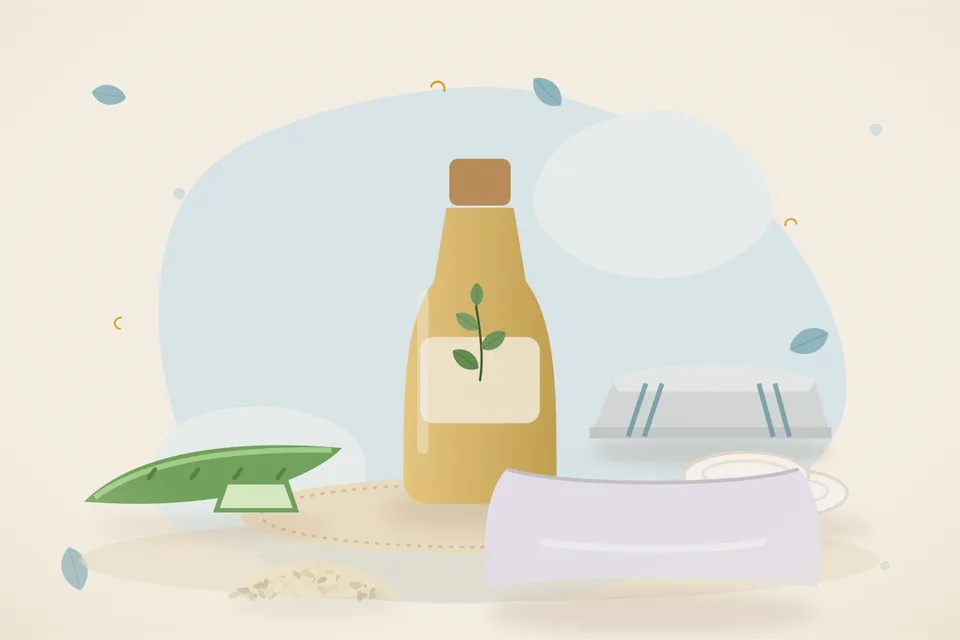 Illustrated still life with aloe vera, cotton pads, sesame seeds, a soft pillow.