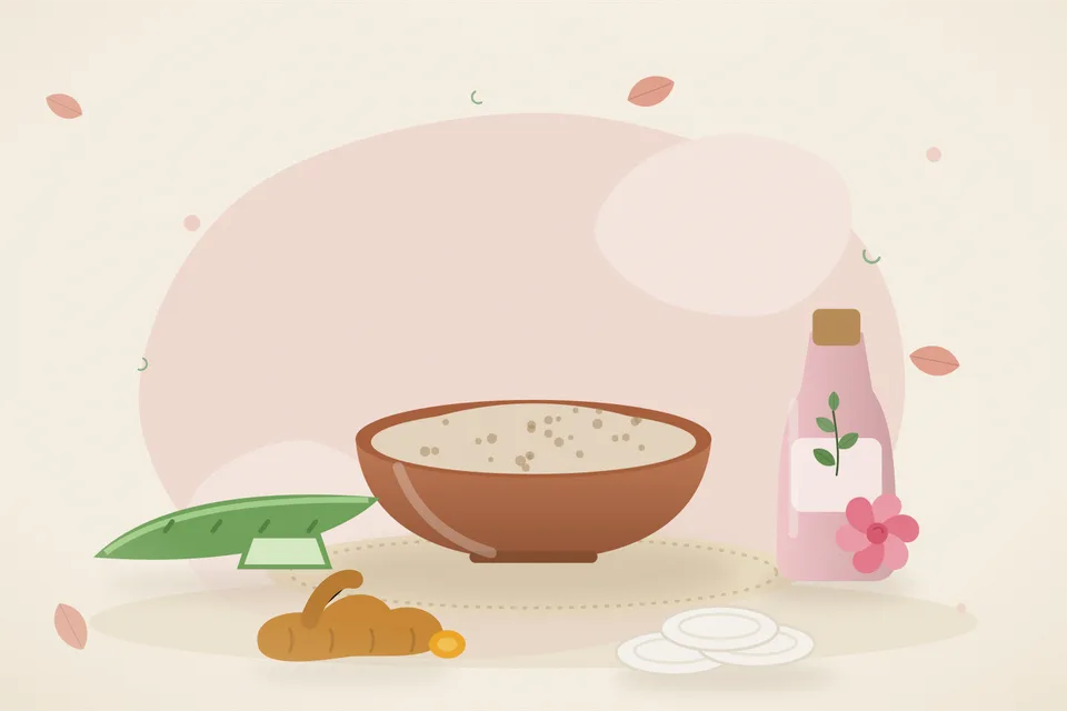Illustrated still life with aloe vera, rose water, turmeric root.