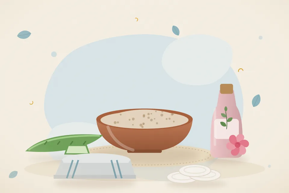 Illustrated still life with aloe vera, rose water.