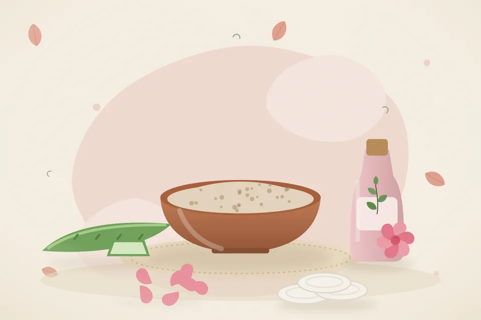 Illustrated still life with aloe vera, rose water, rose petals.