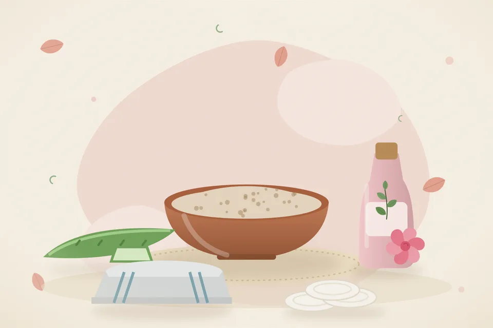 Illustrated still life with aloe vera, rose water, a folded cloth.