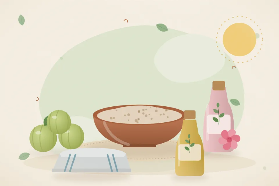 Illustrated still life with amla, rose water, a folded cloth.