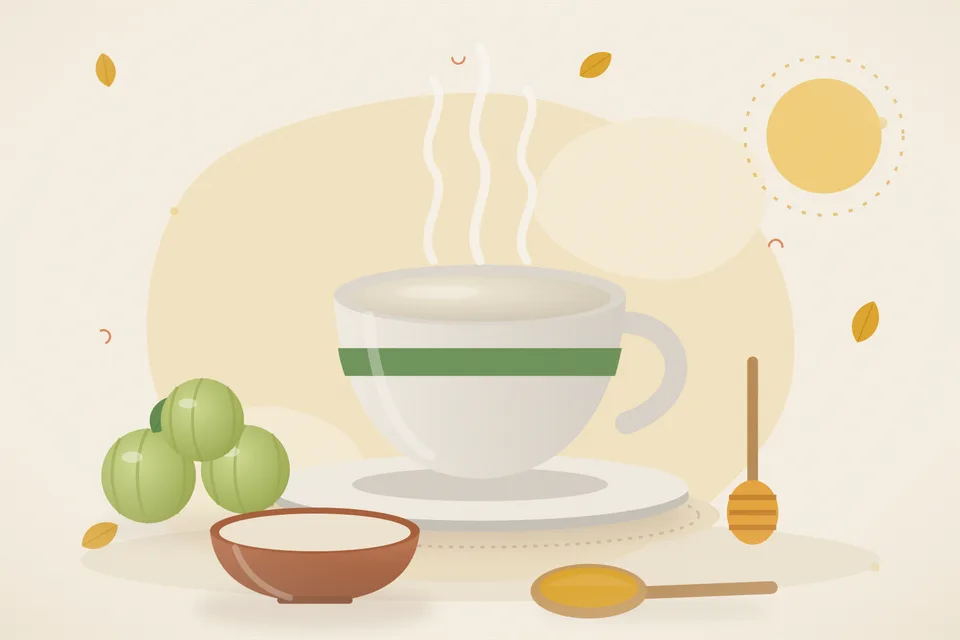 Illustrated still life with amla, honey.