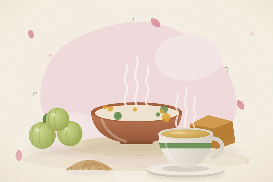 Illustrated still life with amla, jaggery, chickpeas.