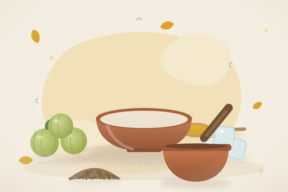 Illustrated still life with amla, ice, cumin seeds.
