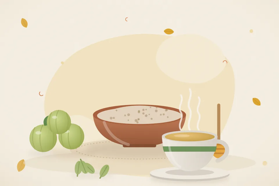 Illustrated still life with amla, honey, cardamom.