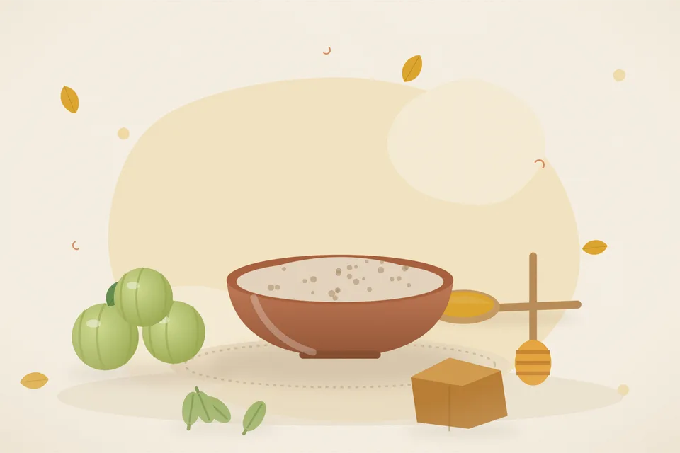 Illustrated still life with amla, honey, cardamom, jaggery.