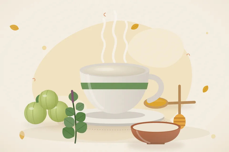 Illustrated still life with amla, honey, tulsi leaves.