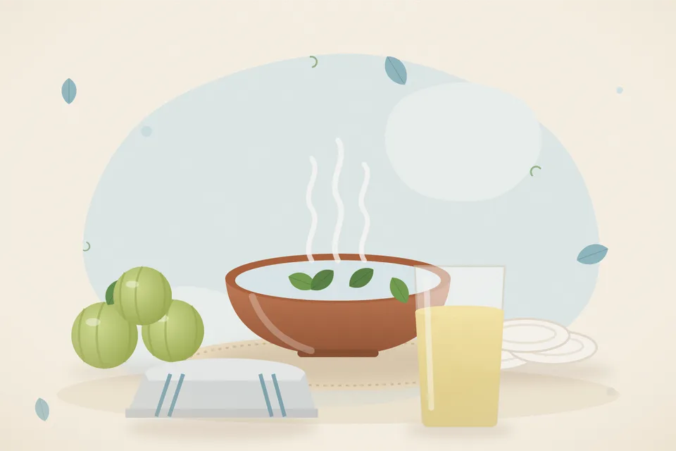 Illustrated still life with amla, cotton pads, a folded cloth.