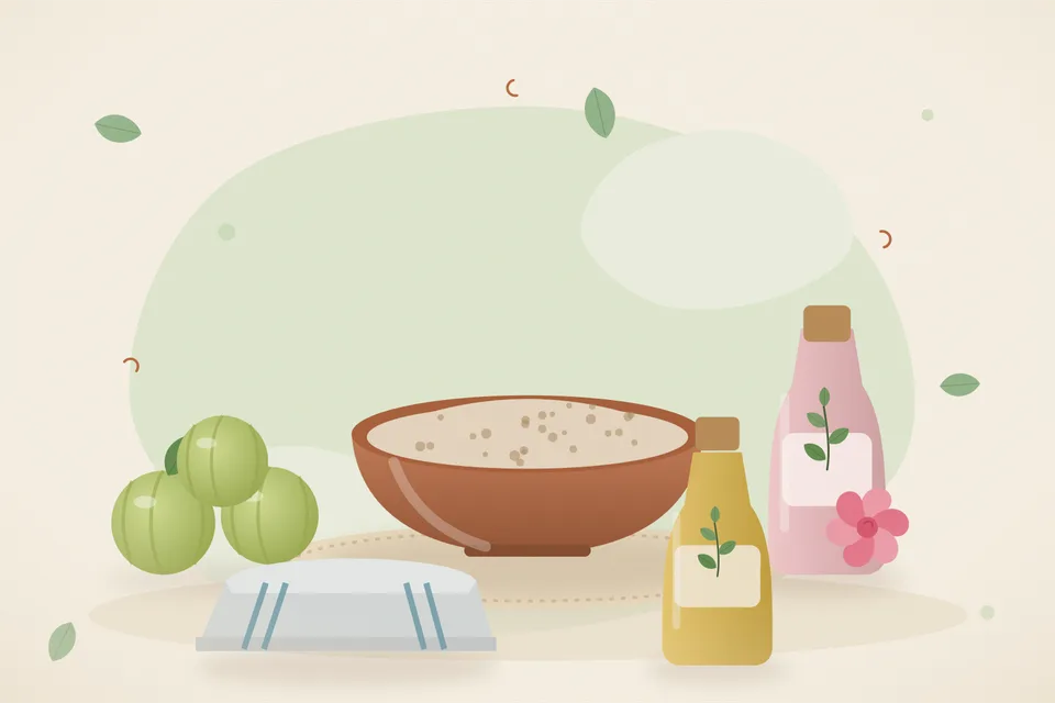 Illustrated still life with amla, rose water, a folded cloth.