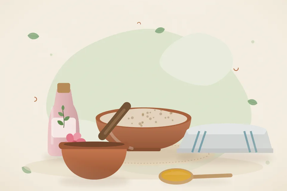 Illustrated still life with rose water, a folded cloth.