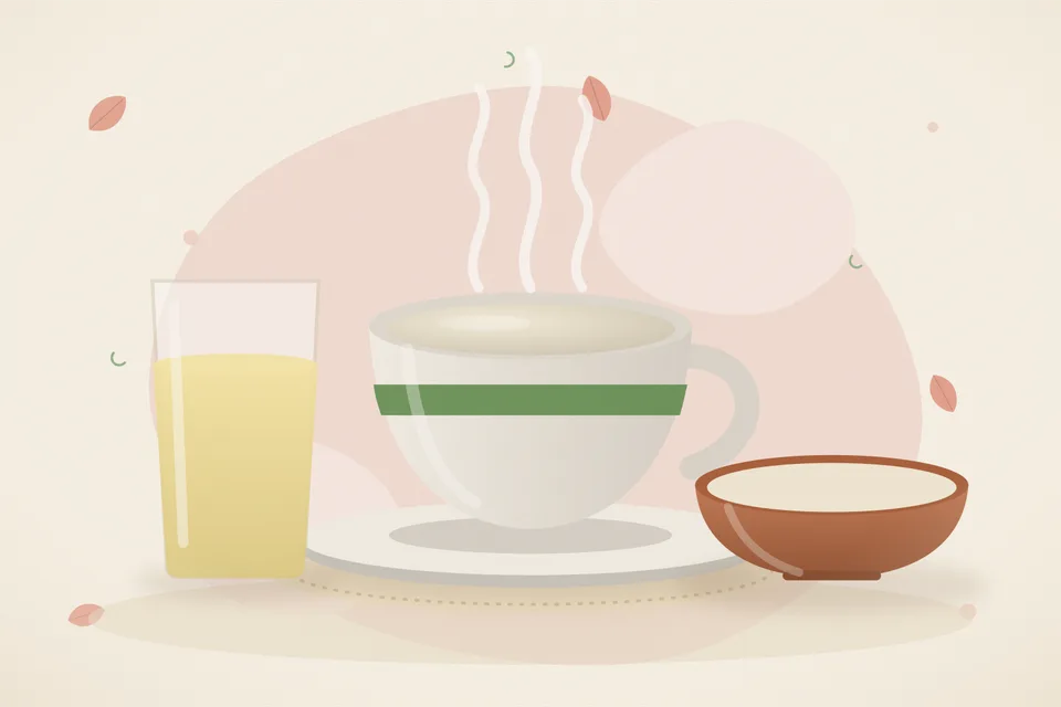 Illustrated Ayurvedic kitchen still life with a bowl, glass and traditional utensils.