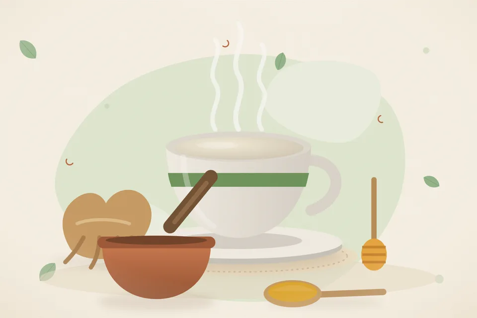 Illustrated still life with ashwagandha root, honey.