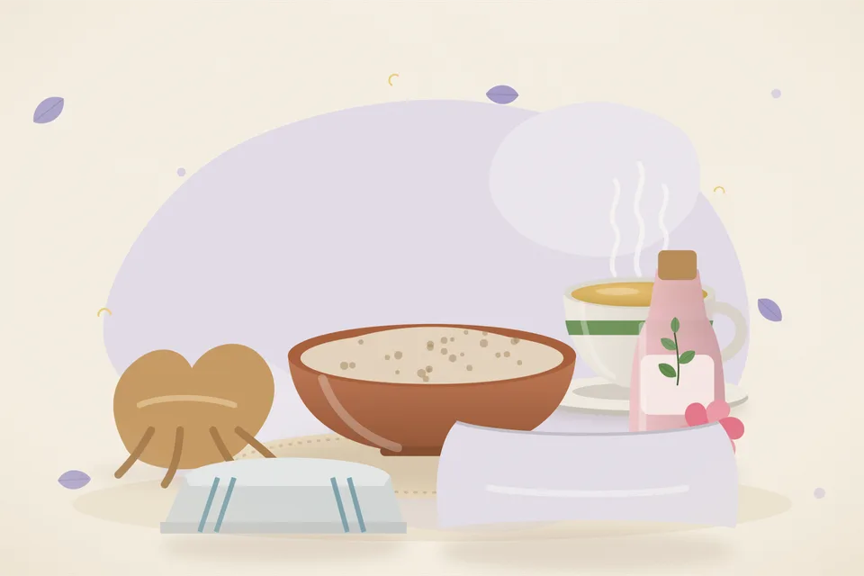 Illustrated still life with ashwagandha root, rose water, a folded cloth.