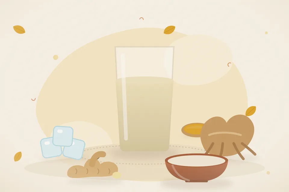 Illustrated still life with ice, ashwagandha root, fresh ginger.